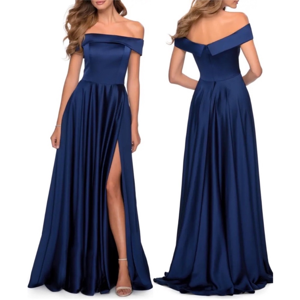 La Femme Navy Off-Shoulder Satin Maxi Gown with Thigh Slit